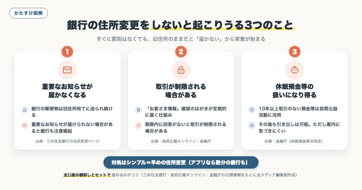 銀行の住所変更をしないと起こりうる3つのことの図解
