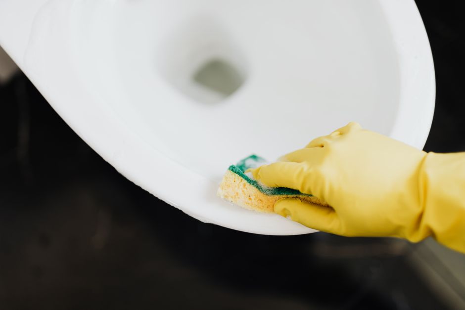 便座のフタを持ち上げて便器を掃除する様子