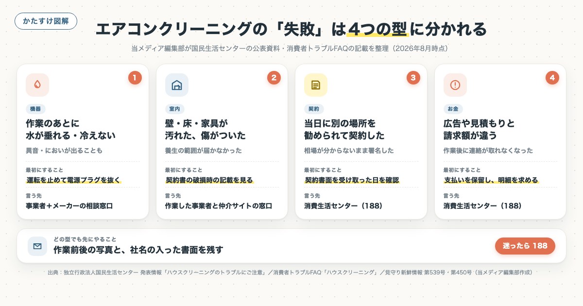 エアコンクリーニングの「失敗」は4つの型に分かれるの図解