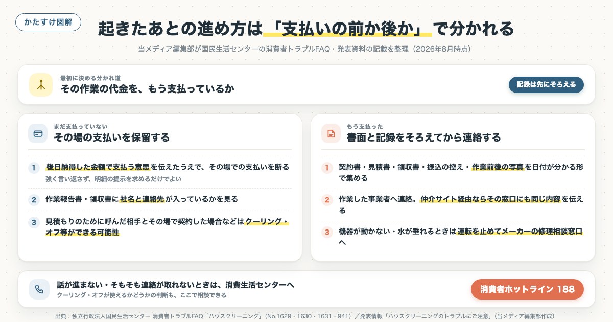 起きたあとの進め方は「支払いの前か後か」で分かれるの図解