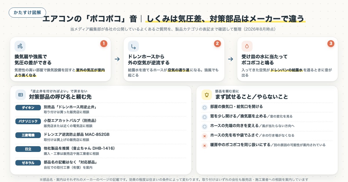 エアコンの「ポコポコ」音|しくみは気圧差、対策部品はメーカーで違うの図解