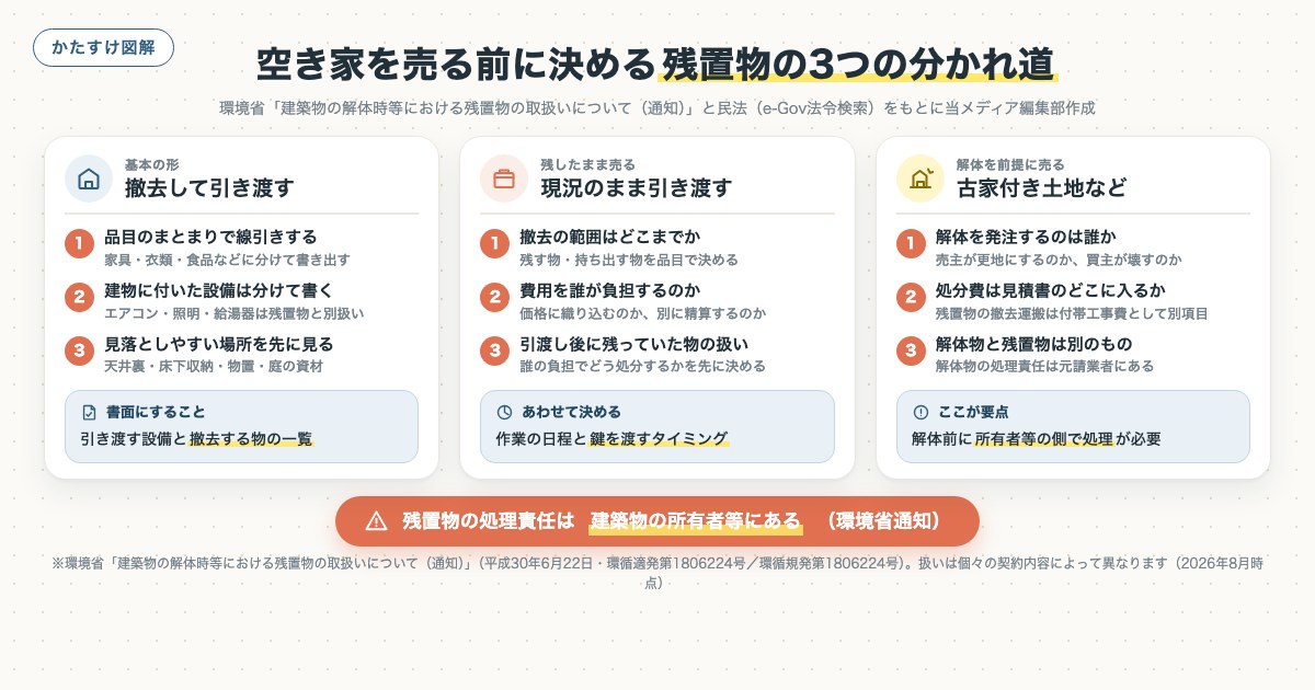 空き家を売る前に決める残置物の3つの分かれ道の図解
