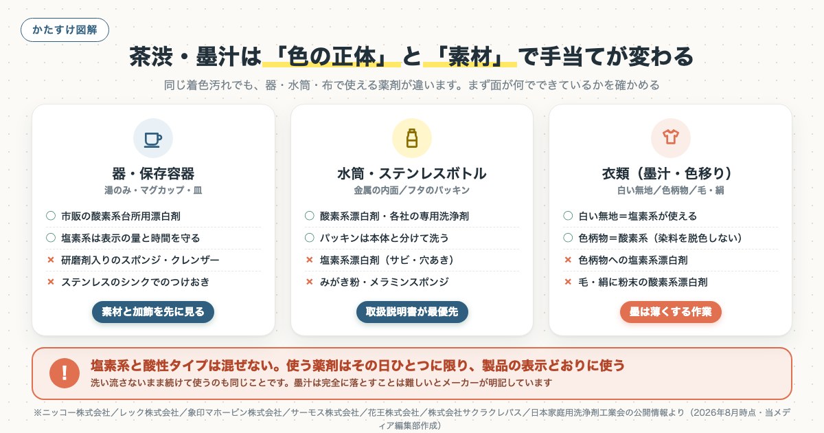 茶渋・墨汁は「色の正体」と「素材」で手当てが変わるの図解