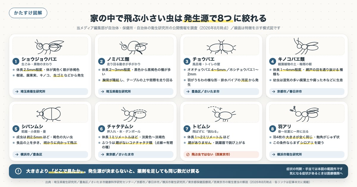 家の中で飛ぶ小さい虫は発生源で8つに絞れるの図解