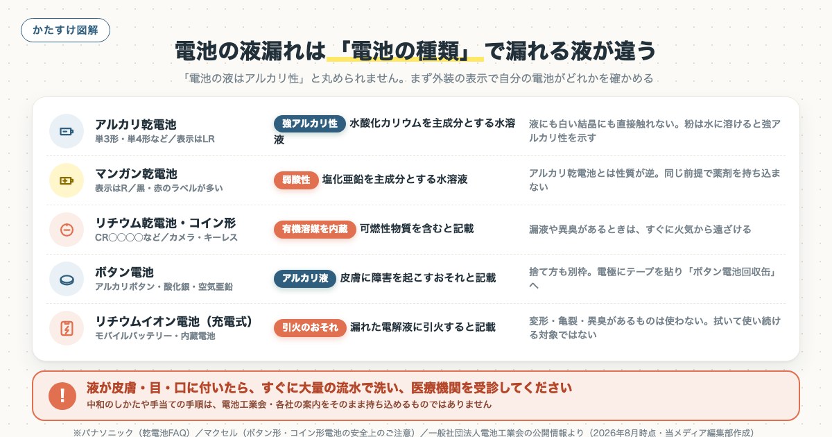 電池の液漏れは「電池の種類」で漏れる液が違うの図解