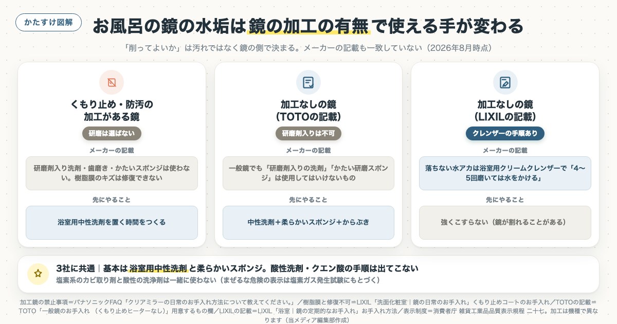 お風呂の鏡の水垢は鏡の加工の有無で使える手が変わるの図解