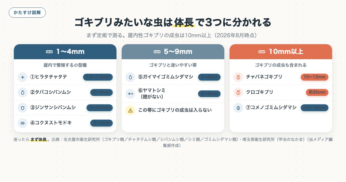 ゴキブリみたいな虫は体長で3つに分かれるの図解