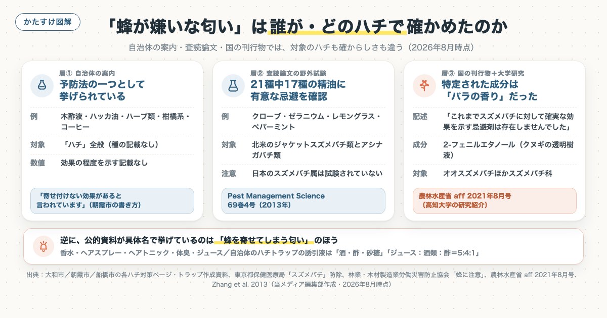 「蜂が嫌いな匂い」は誰が・どのハチで確かめたのかの図解