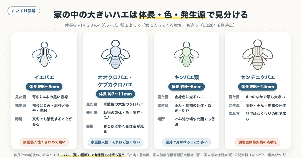 家の中の大きいハエは体長・色・発生源で見分けるの図解