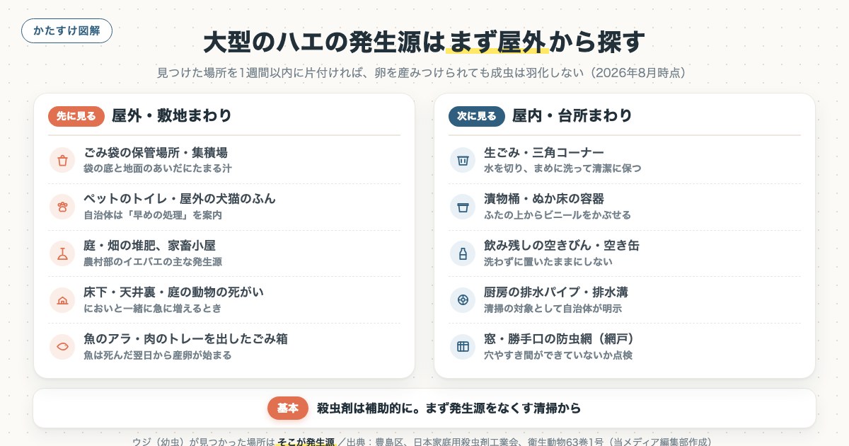大型のハエの発生源はまず屋外から探すの図解