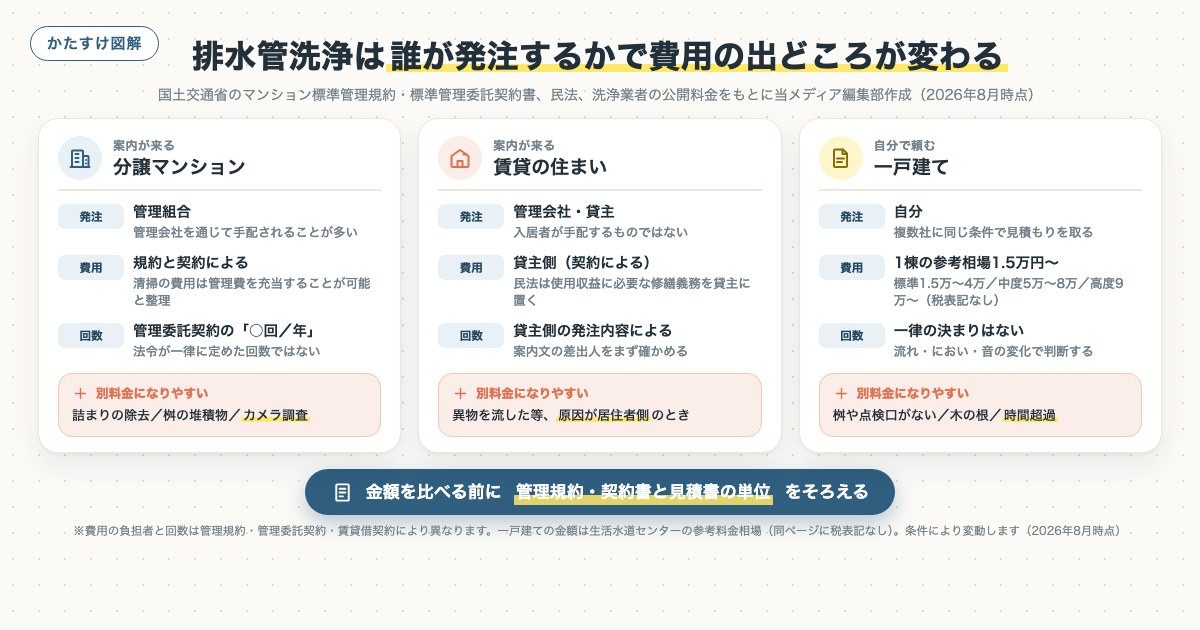 排水管洗浄は誰が発注するかで費用の出どころが変わるの図解