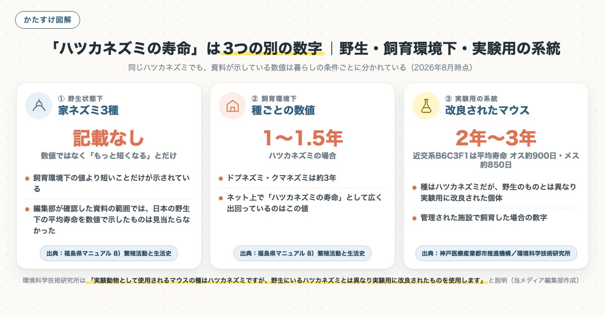 「ハツカネズミの寿命」は3つの別の数字|野生・飼育環境下・実験用の系統の図解