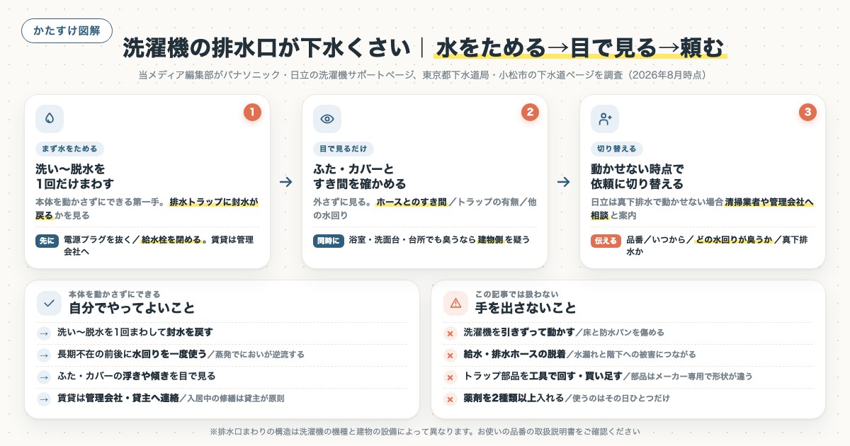 洗濯機の排水口が下水くさい|水をためる→目で見る→頼むの図解