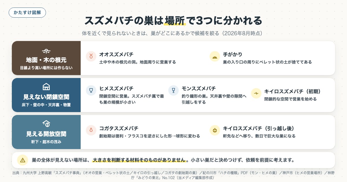 スズメバチの巣は場所で3つに分かれるの図解
