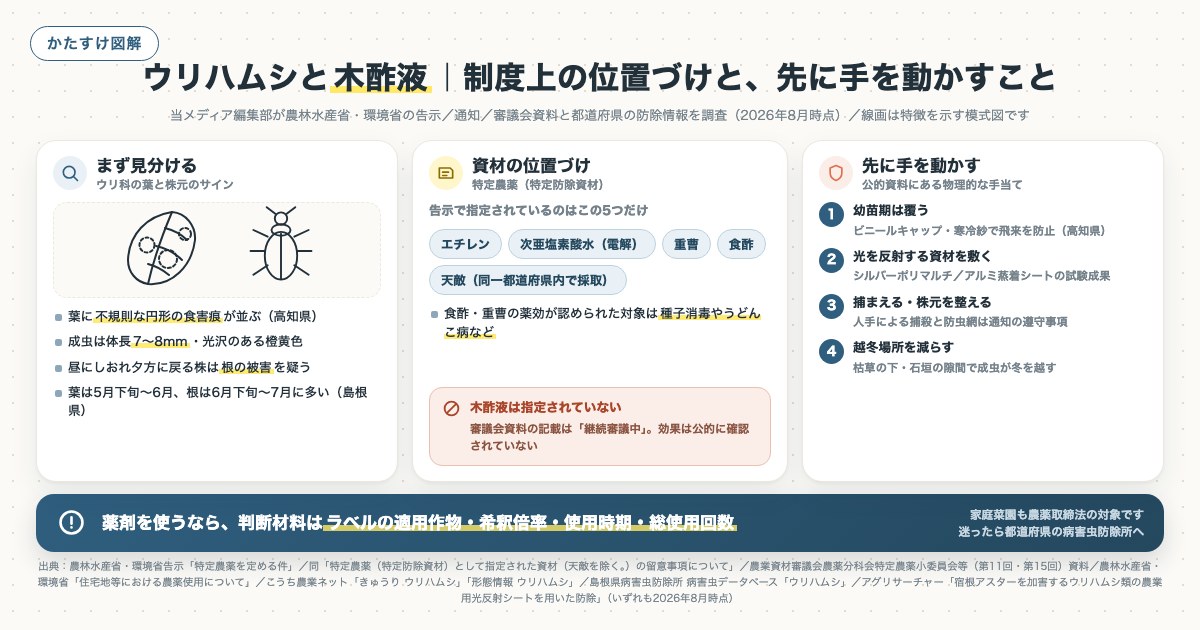 ウリハムシと木酢液|制度上の位置づけと、先に手を動かすことの図解