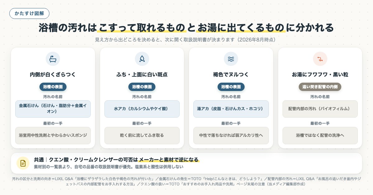 浴槽の汚れはこすって取れるものとお湯に出てくるものに分かれるの図解